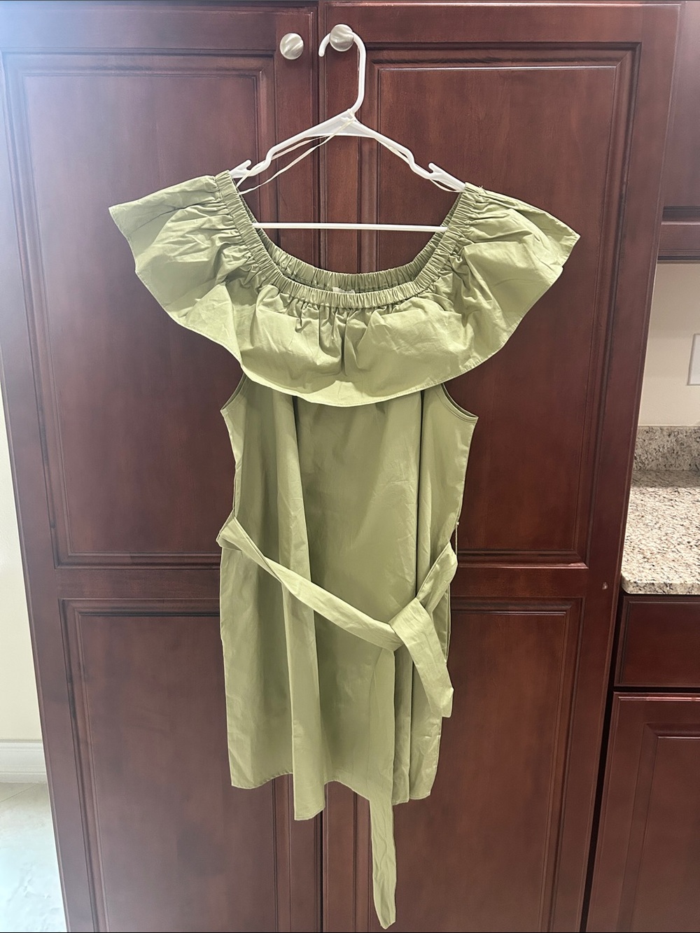 Umgee Off the Shoulder  Olive Ruffle Dress with Self-Tie Belt